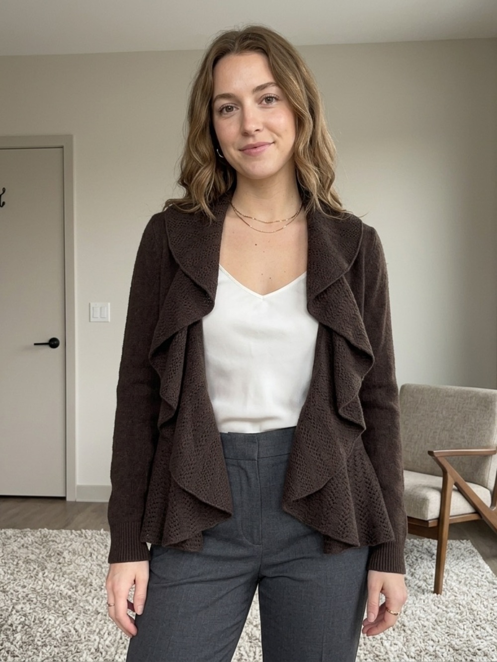 Lauren Ralph Lauren Brown 100% Lambswool Ruffle Open Front Cardigan M
